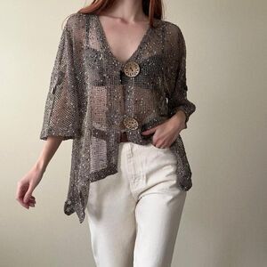 Lulu-B  Fishnet Brown Cardigan Size M Oversized Wooden Buttons Kimono Style Top